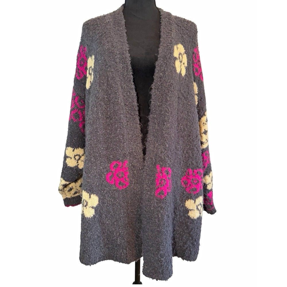 Natural Life Women's Gray Floral Knit Open Front Cardigan Sweater Size L/XL Boho